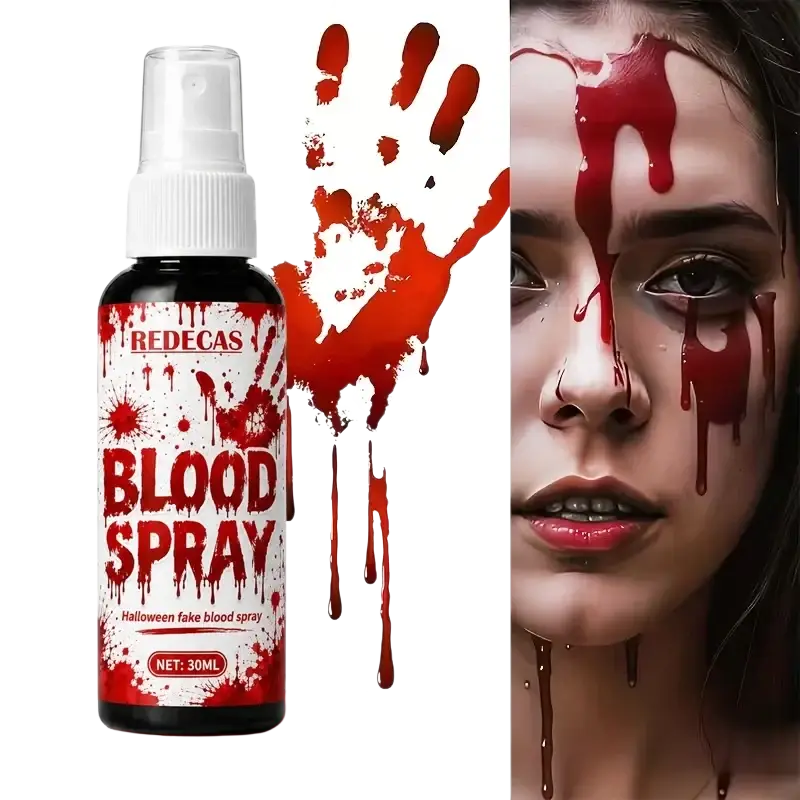 Halloween fake blood spray 30ml by redecas in a black bottle with white cap and red splattered label washable