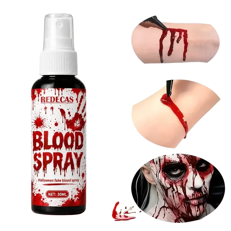 Halloween fake blood spray 30ml by redecas in a black bottle with white cap and splattered red label washable