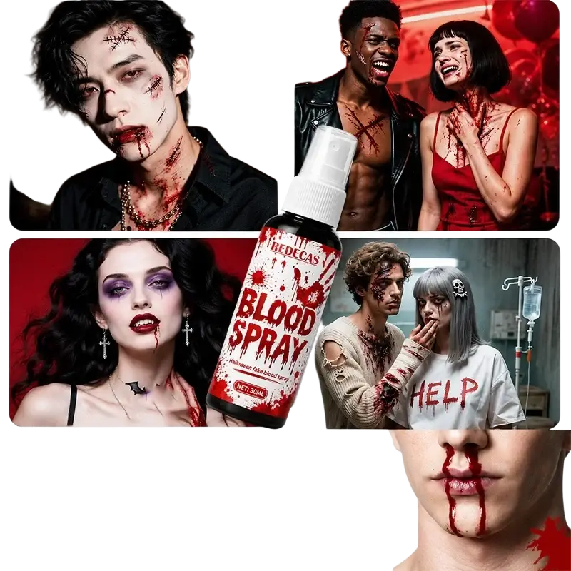 Redecas halloween fake blood spray 30ml in a black bottle with white cap and red label washable for costume use