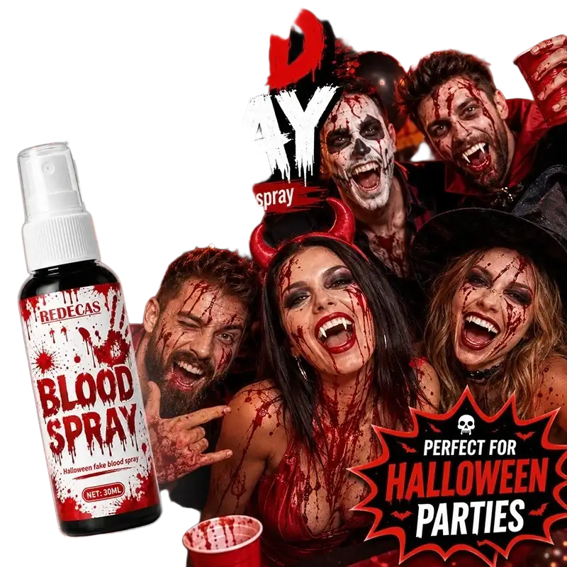 Redecas halloween fake blood spray 30ml in black bottle with white label and red splatter design washable liquid