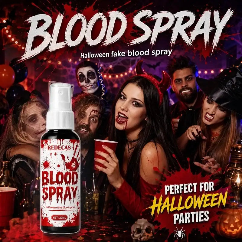 Halloween fake blood spray 30ml washable by Redecas in a clear bottle with white pump and red label for costume parties