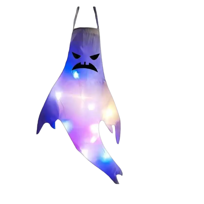 A 130cm tall inflatable halloween ghost led hanging windsock with glowing purple and blue light for home outdoor use