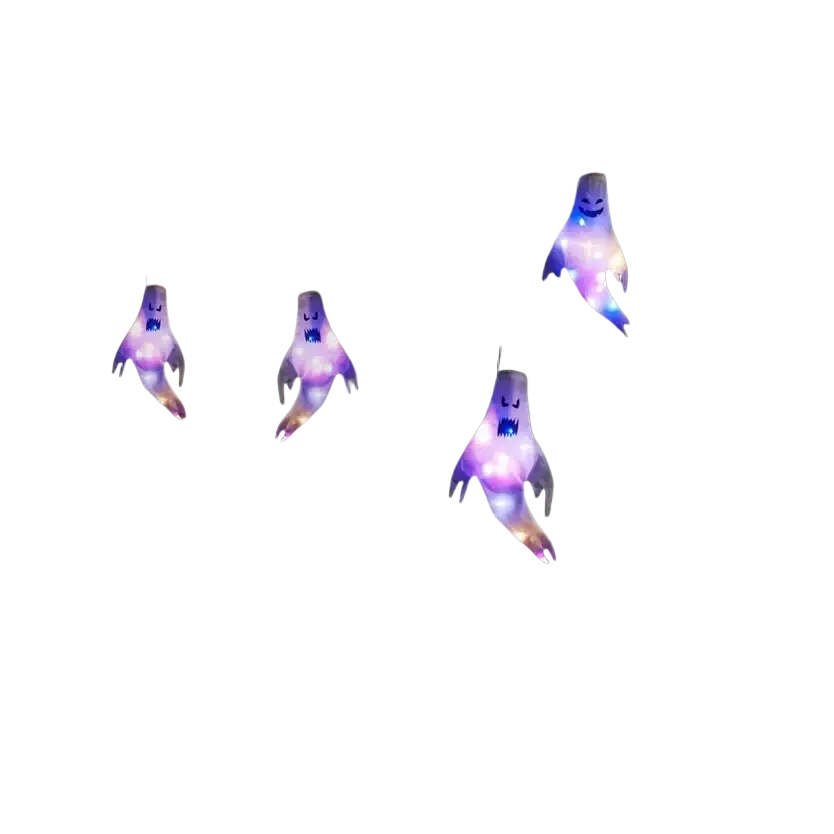 Illuminated purple and blue halloween ghost led hanging windsocks made of fabric for home outdoor decoration in backyard trees