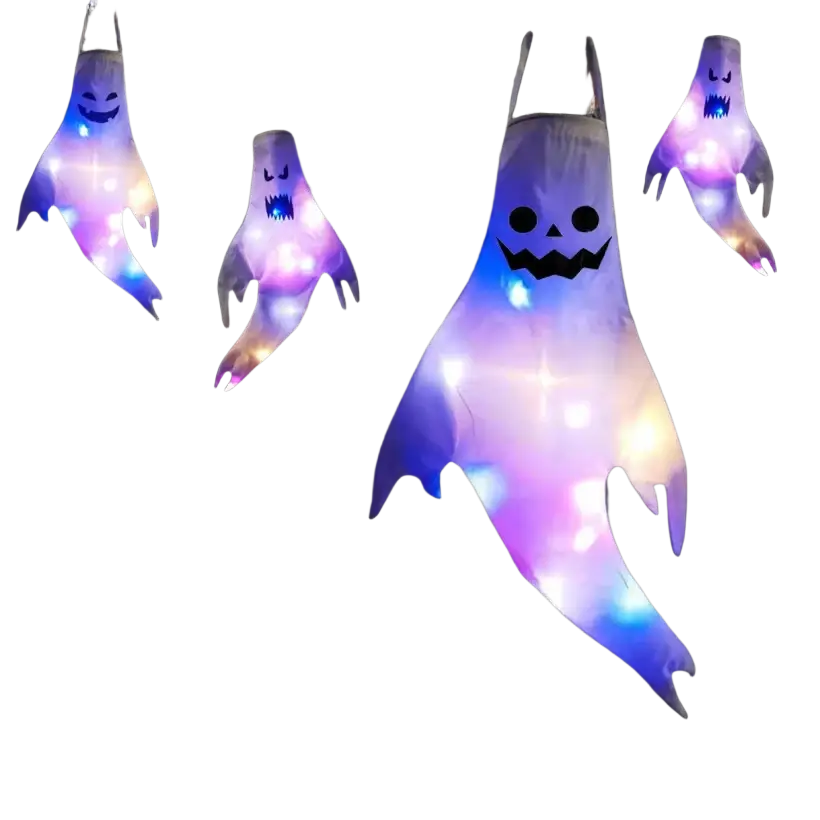 Inflatable halloween ghost led hanging windsock with glowing purple and blue lights and black facial designs for home outdoor use