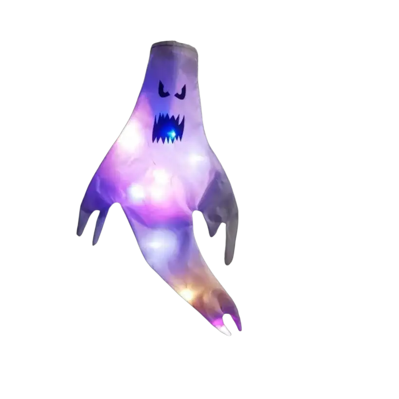 A glowing purple and white inflatable halloween ghost led hanging windsock with a menacing face for home outdoor use