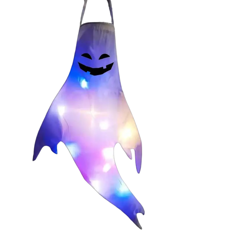 A glowing translucent purple and blue inflatable halloween ghost led hanging windsock for home outdoor use