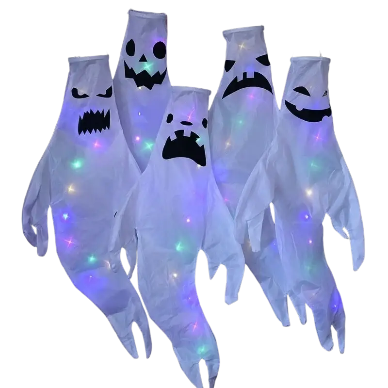 White inflatable halloween ghost led hanging windsock with glowing lights and black facial features for home outdoor use