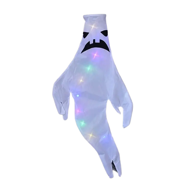 A white inflatable halloween ghost led hanging windsock with glowing lights and black face design for home outdoor use