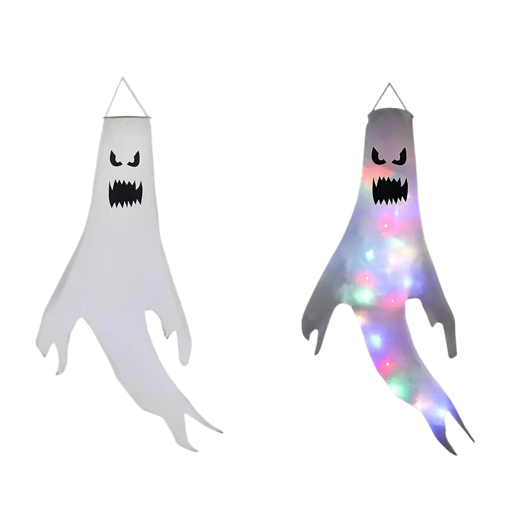 A white inflatable halloween ghost led hanging windsock with black facial features and multicolor glowing lights for home outdoor use
