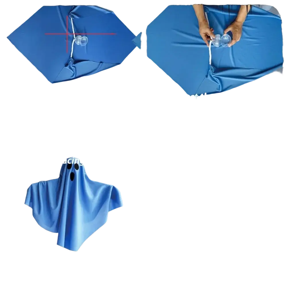 Blue fabric halloween ghost pathway lights with plastic face spheres and battery compartment for outdoor decor