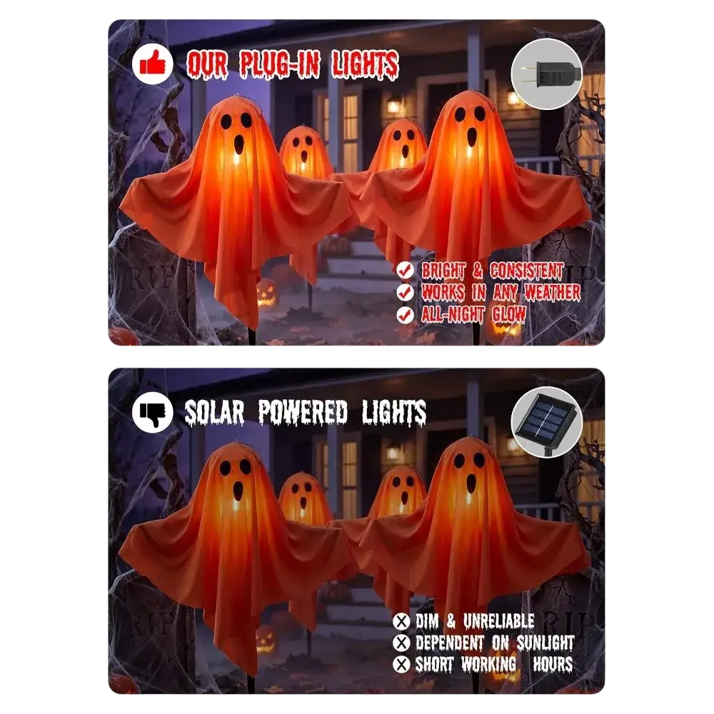 Orange fabric halloween ghost pathway lights with glowing interiors plug in ghost lights for outdoor decor