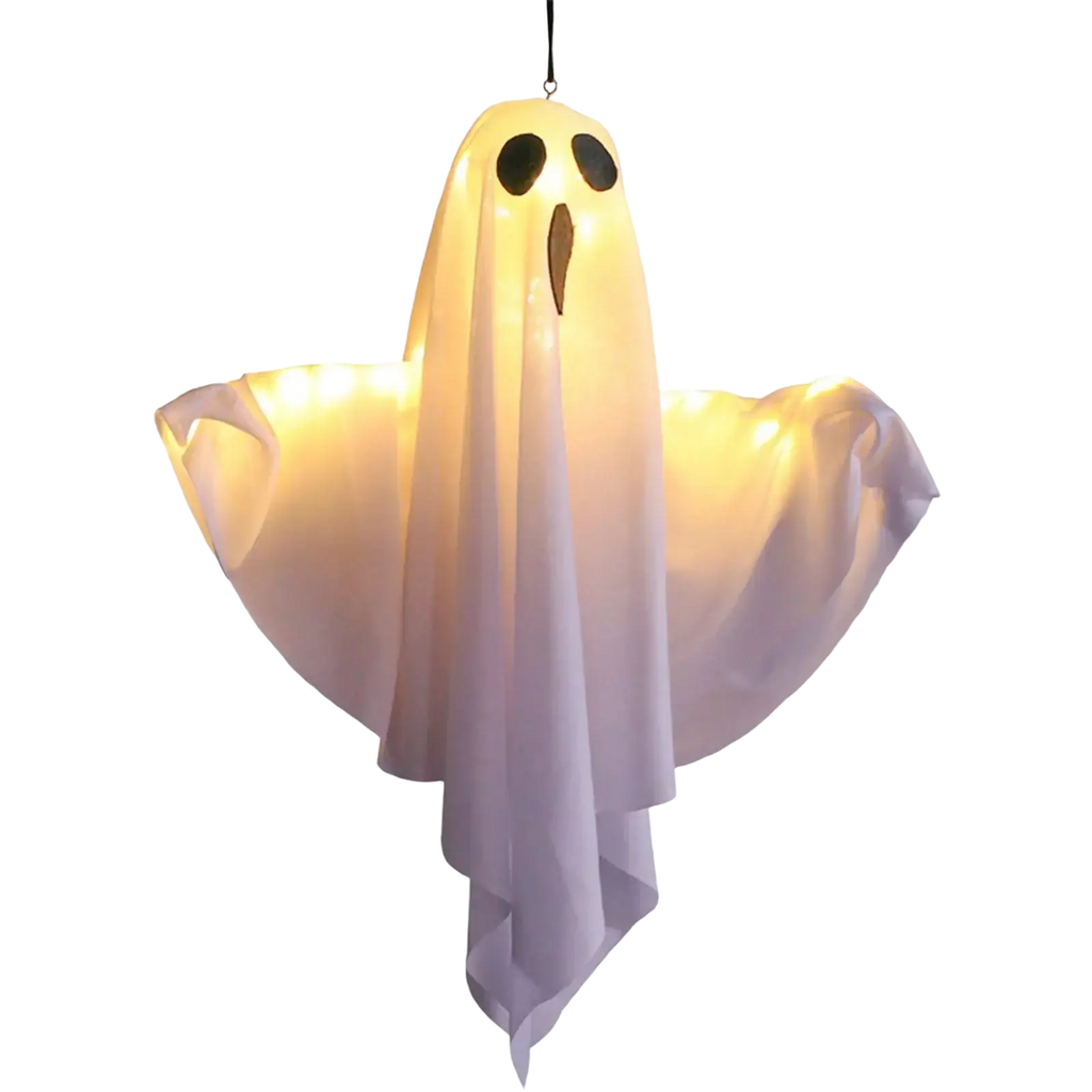 A glowing white halloween ghost light made of translucent fabric with black eyes and brown mouth for outdoor pathway decor