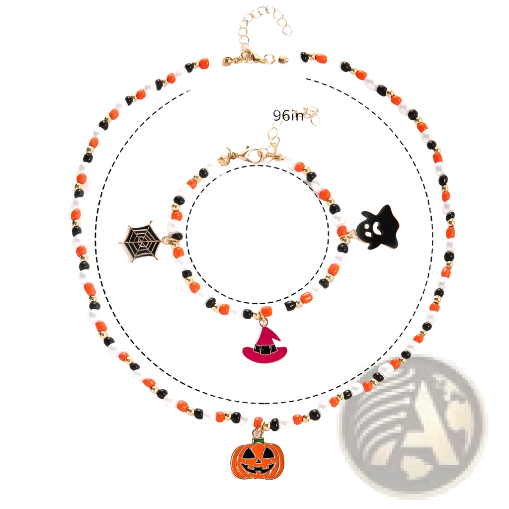 Halloween ghost and pumpkin beaded jewelry set with orange black white beads gold-tone hardware and themed charms