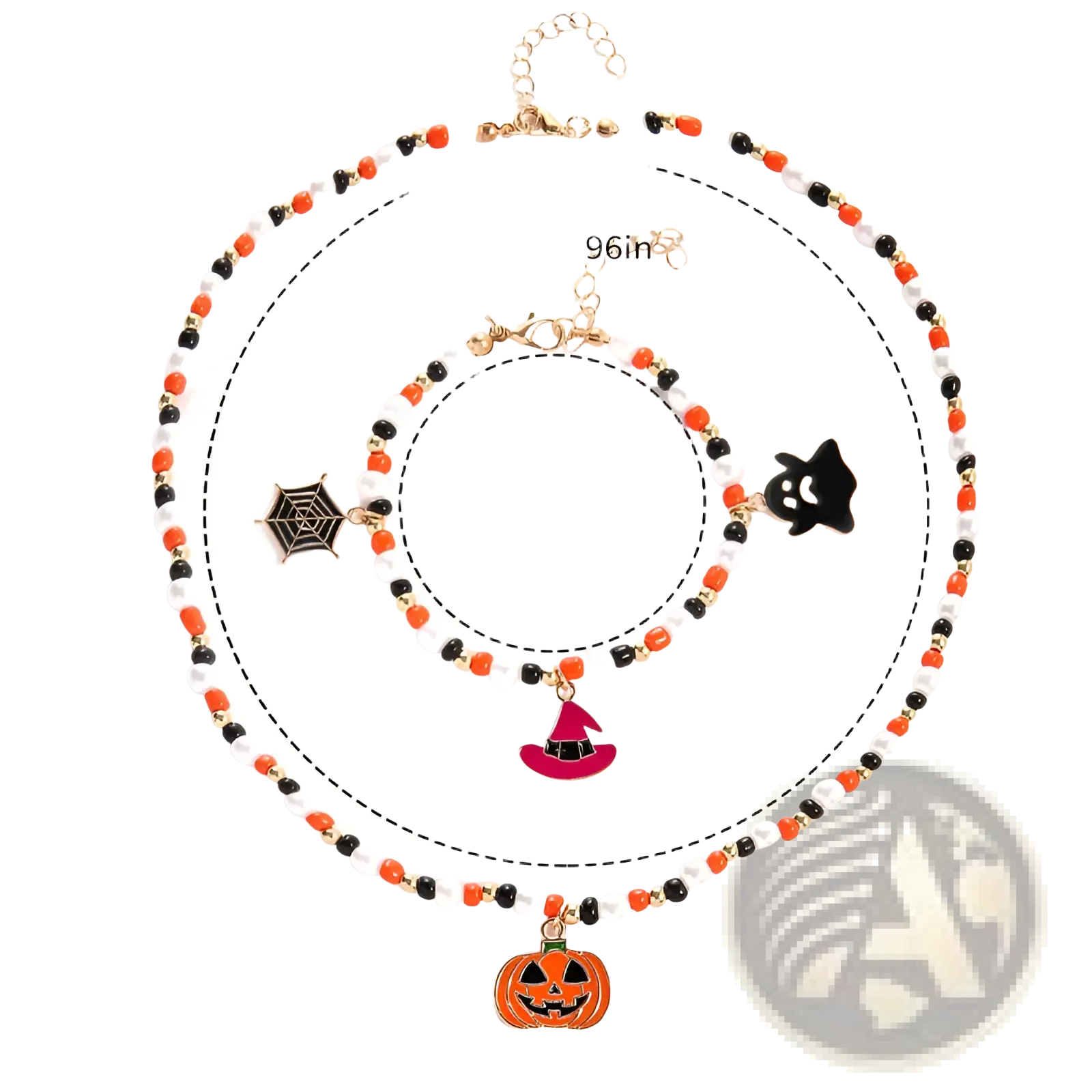 Halloween ghost and pumpkin beaded jewelry set with orange black white beads gold-tone hardware and themed charms