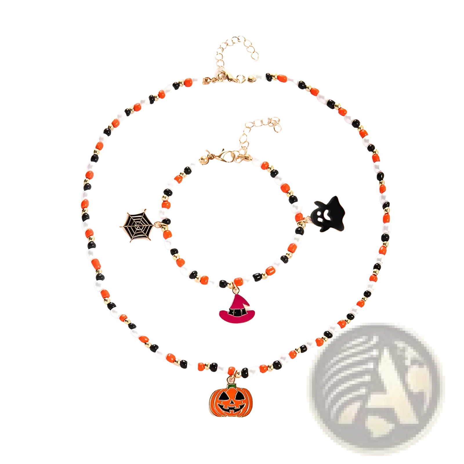 Halloween ghost and pumpkin beaded jewelry set with orange black and white beads and dangling themed charms