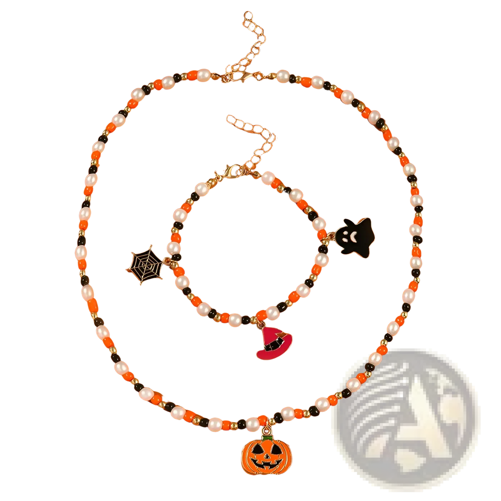 Halloween ghost and pumpkin beaded jewelry set with orange black white and gold beads and enamel charms