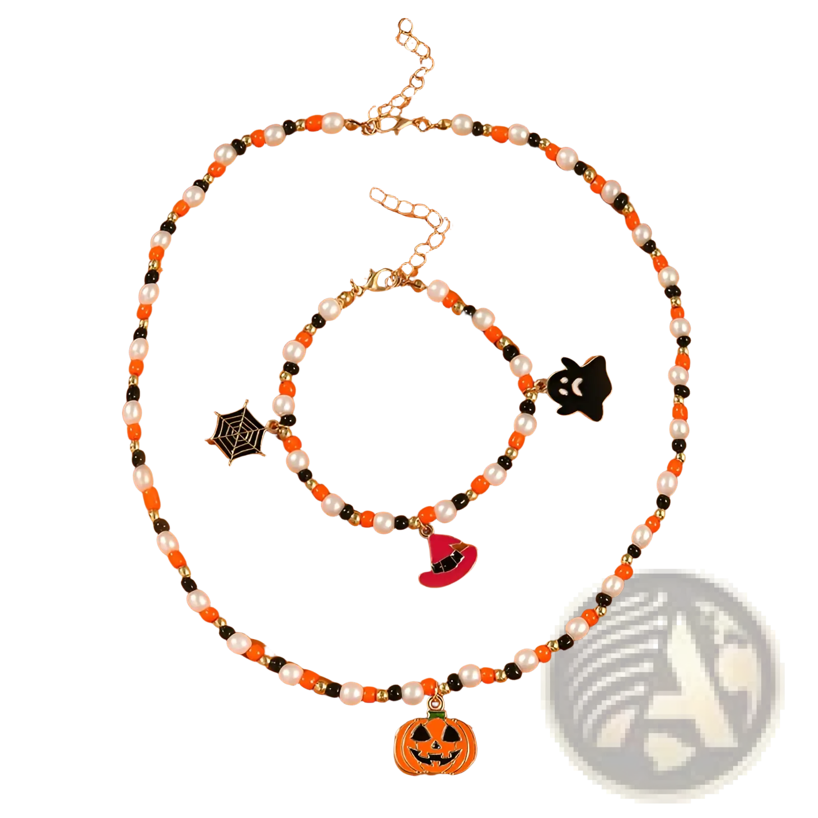 Halloween ghost and pumpkin beaded jewelry set with orange black white and gold beads and enamel charms