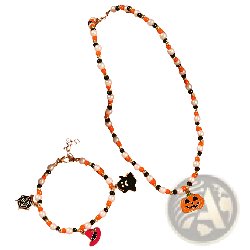 Halloween ghost and pumpkin beaded necklace with orange black and white beads and a pumpkin charm