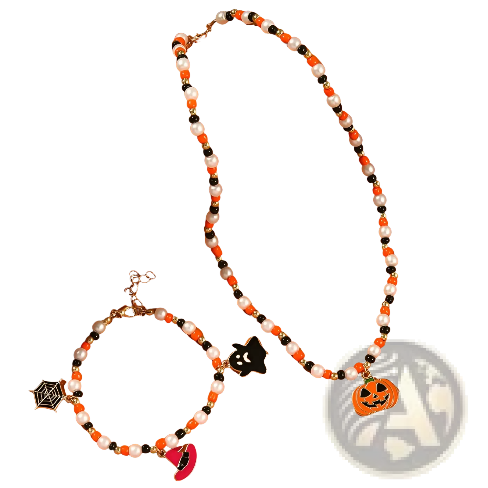 Halloween ghost and pumpkin beaded necklace with orange black and white beads and a pumpkin charm