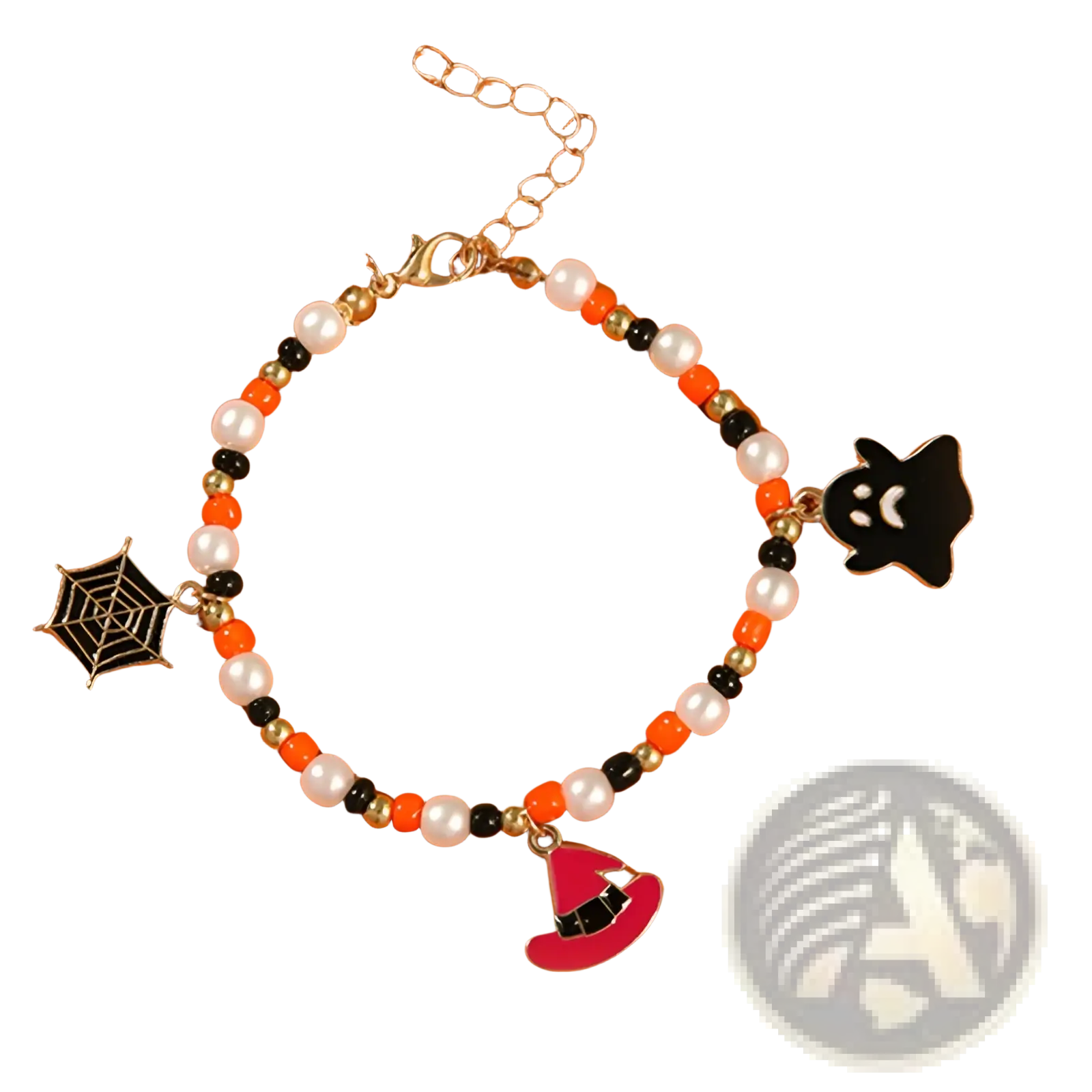 Halloween ghost and pumpkin beaded bracelet with white pearls orange black beads gold chain and spiderweb ghost witch hat charms