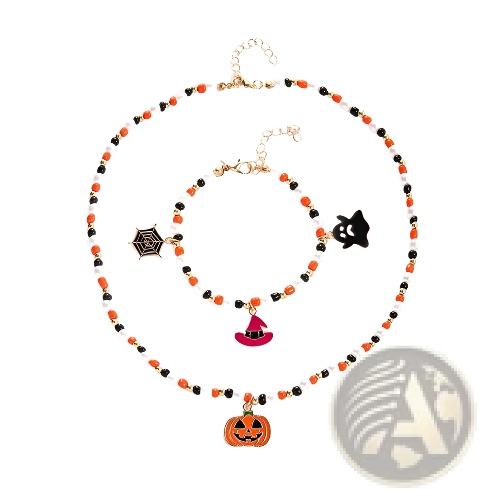 Halloween ghost and pumpkin beaded jewelry set with orange black white beads and dangling festive charms