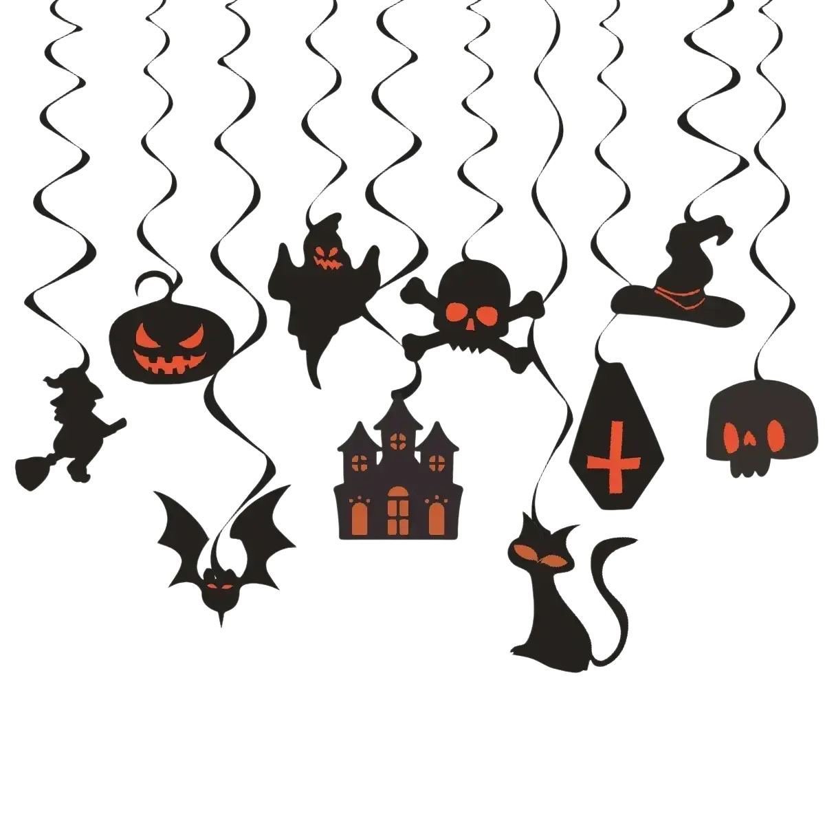 Black and orange halloween hanging banner with spooky pumpkin ghost skull bat and witch hat silhouettes for party decor