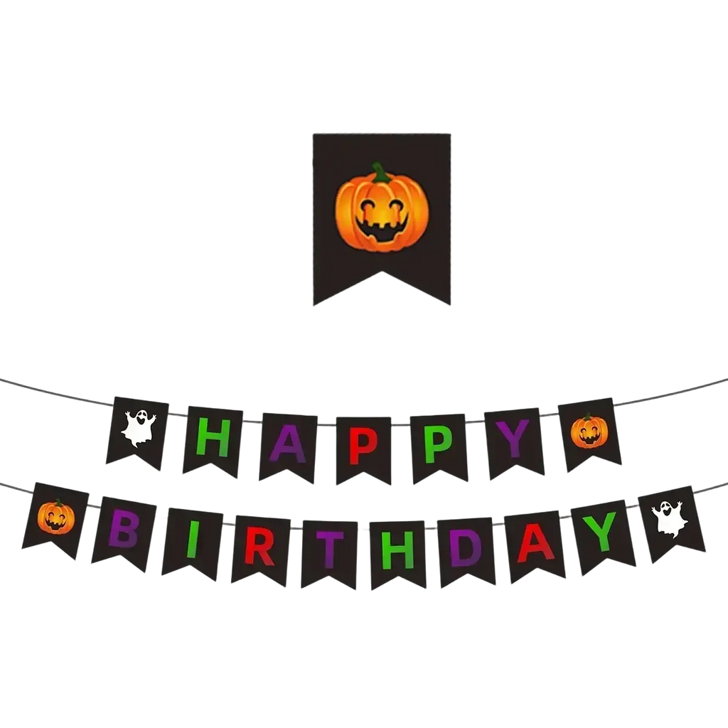 Black halloween hanging banner with colorful happy birthday letters and pumpkin ghost designs for spooky party decoration