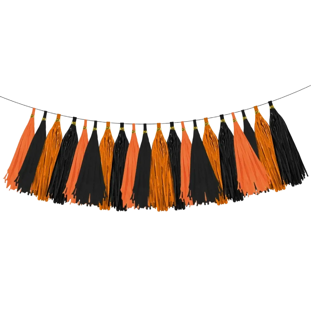 Halloween hanging banner spooky party decoration featuring black and orange fringed tassel garland on a thin string