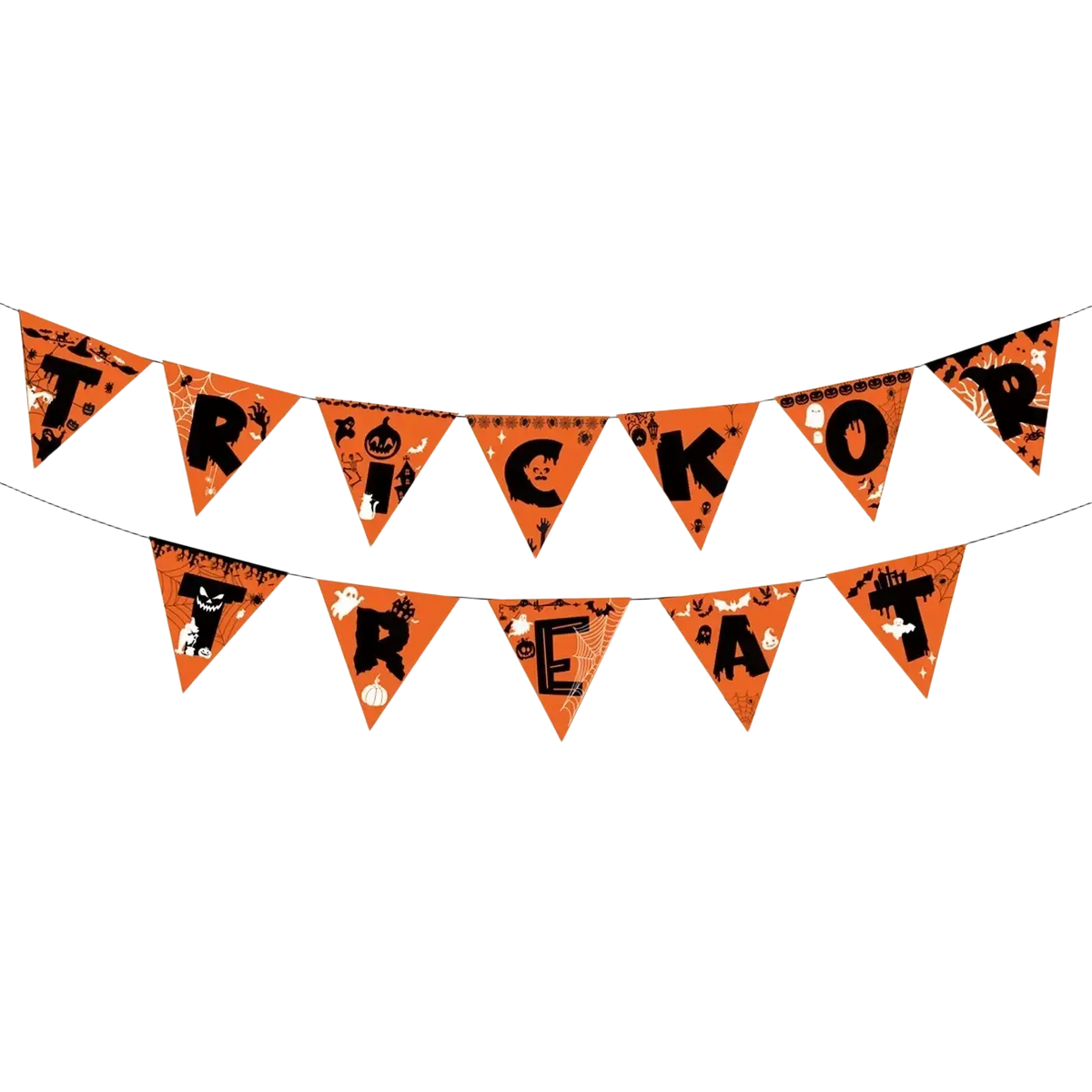 Orange Halloween hanging banner with black spooky trick or treat designs on triangular flags for party decoration