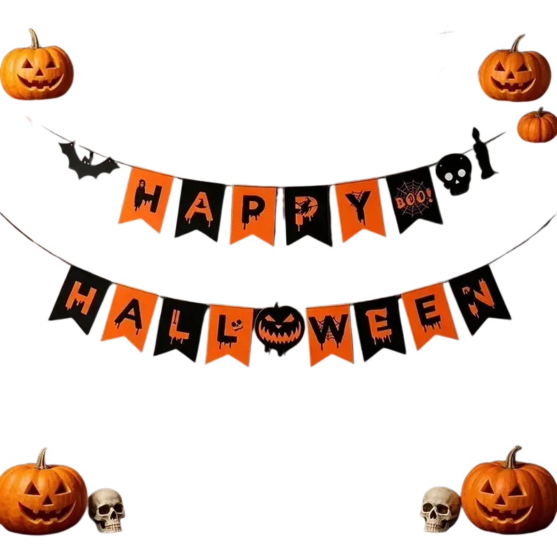 Orange and black halloween hanging banner with spooky cutouts spelling happy halloween featuring jack-o-lanterns bats and skull design
