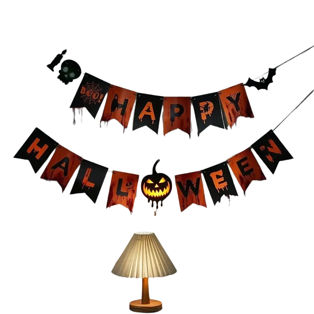 Orange and black halloween hanging banner with dripping paint effect and glowing jack-o-lantern centerpiece