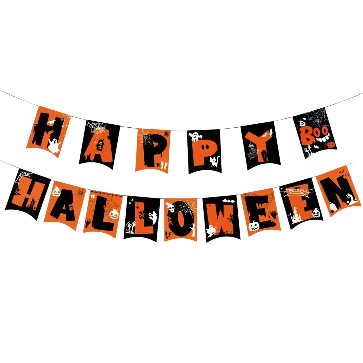 Orange and black halloween hanging banner with spooky ghost pumpkin and cobweb designs spelling happy halloween for parties