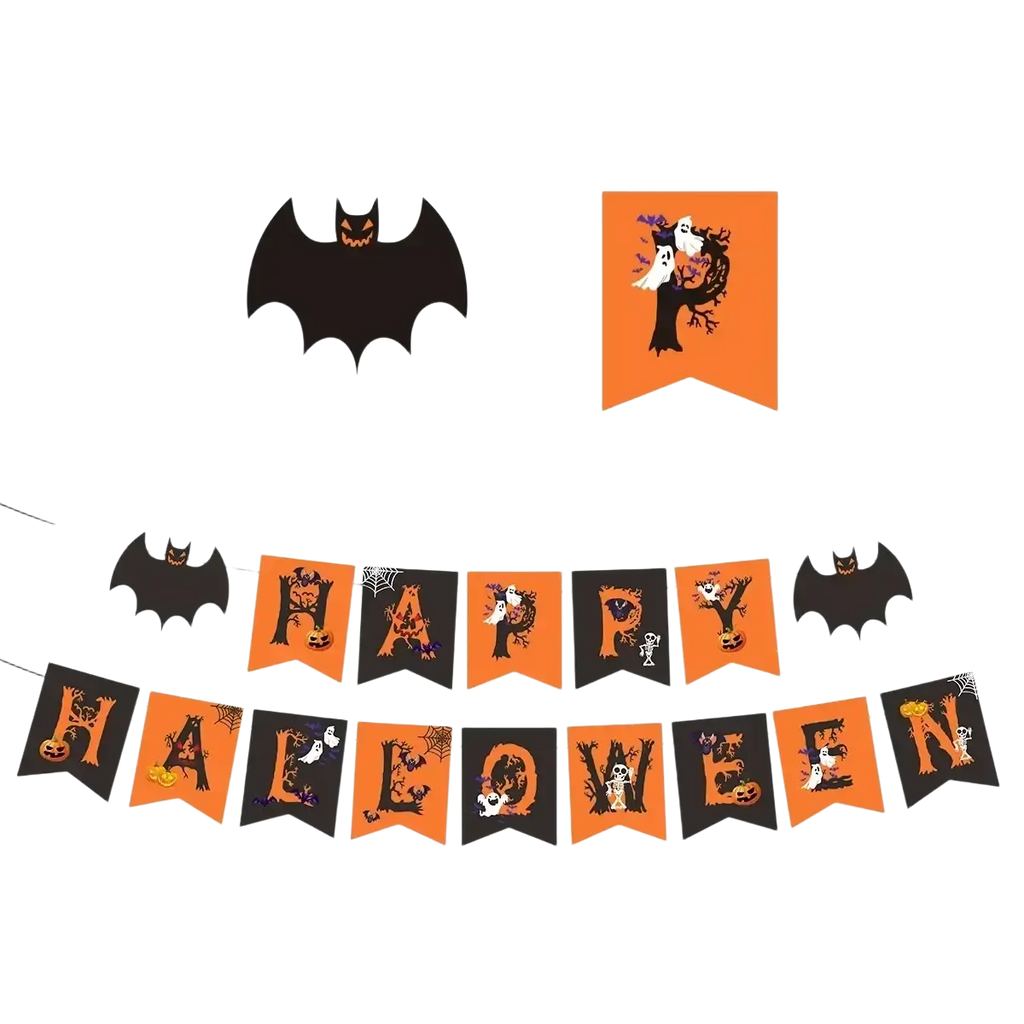 Orange and black halloween hanging banner with spooky bats ghosts pumpkins and spiders for party decoration