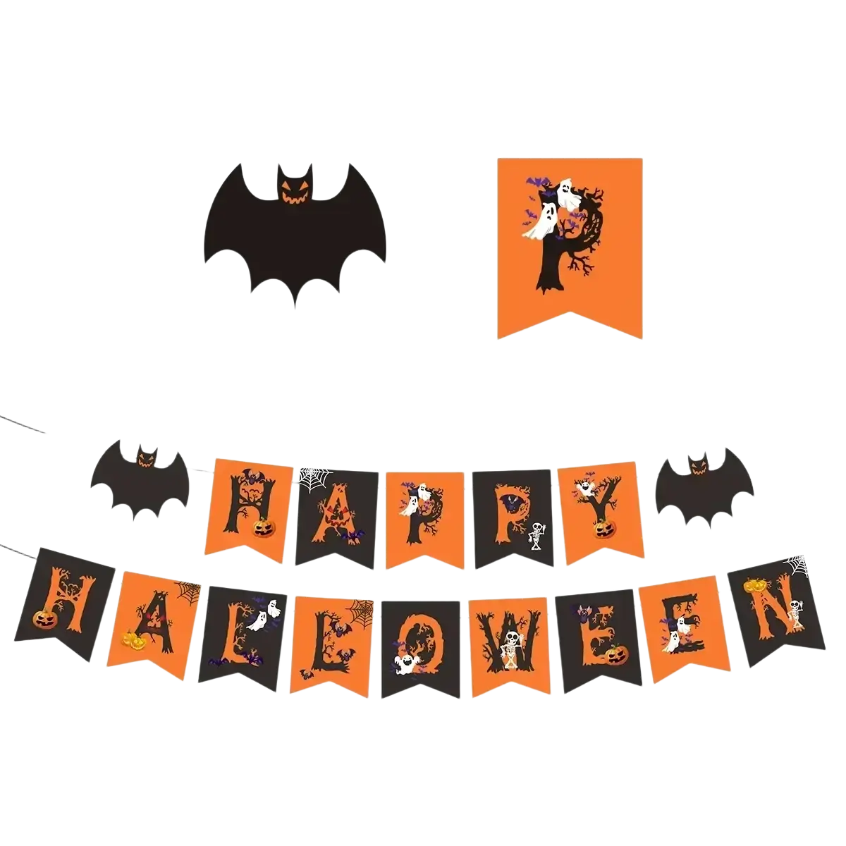 Orange and black halloween hanging banner with spooky bats ghosts pumpkins and spiders for party decoration