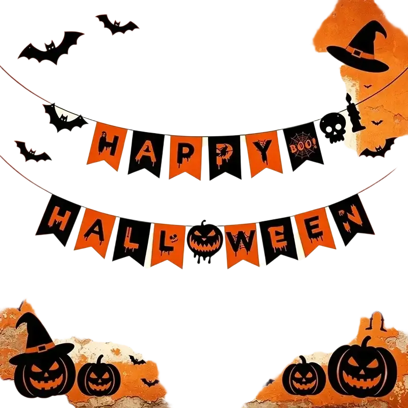 Orange and black halloween hanging banner with spooky bats skulls and pumpkins for party decoration
