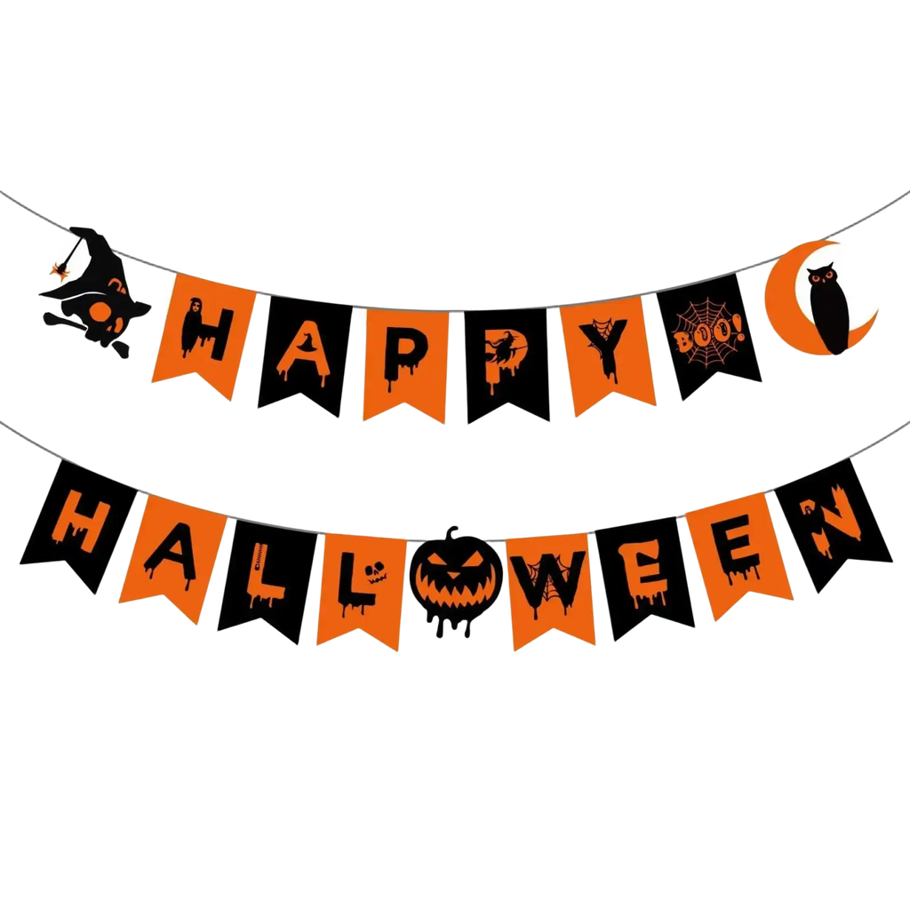 Orange and black halloween hanging banner with spooky witch owl pumpkin spiderweb designs and happy halloween text