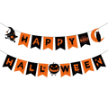 Orange and black halloween hanging banner with spooky witch owl pumpkin spiderweb designs and happy halloween text
