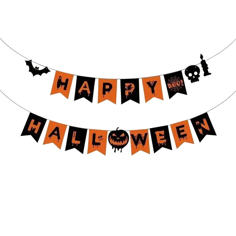 Halloween hanging banner spooky party decoration in orange and black with bats skulls pumpkins and happy halloween lettering