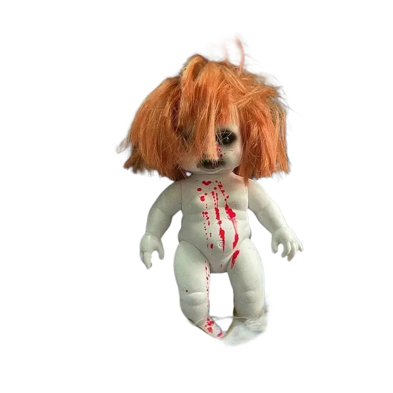 Halloween hanging ghost doll spooky prop with creepy orange hair pale blood-splattered body and wide black eyes
