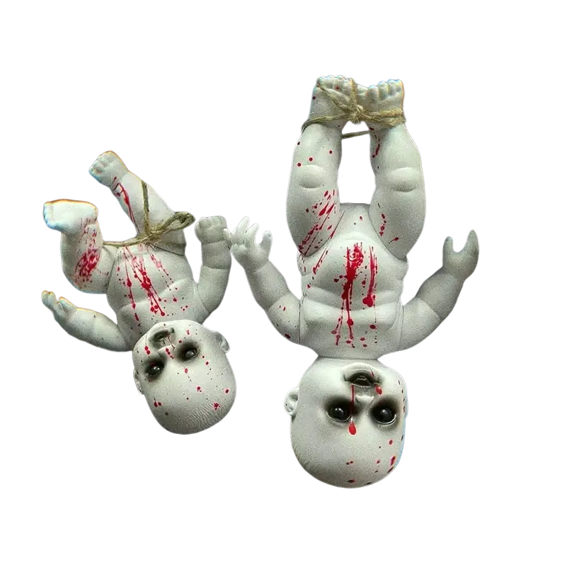Two white plastic baby dolls with red splatter paint hanging upside down by twine halloween hanging ghost doll spooky prop