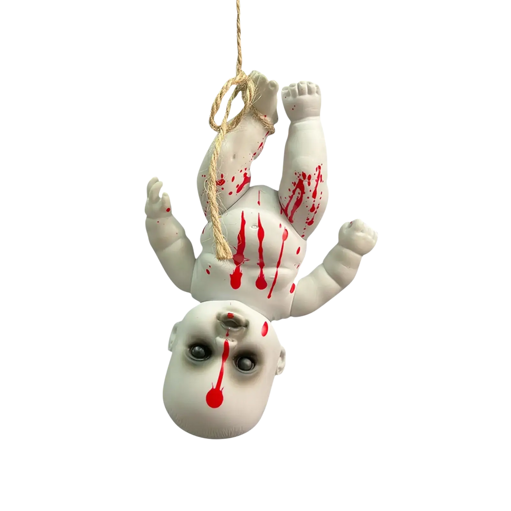 White porcelain halloween hanging ghost doll with red paint splatters and rope for spooky decoration