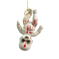 White porcelain halloween hanging ghost doll with red paint splatters and rope for spooky decoration