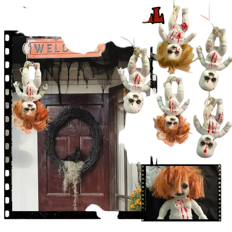 White porcelain halloween hanging ghost doll with orange hair and red blood-like stains spooky prop