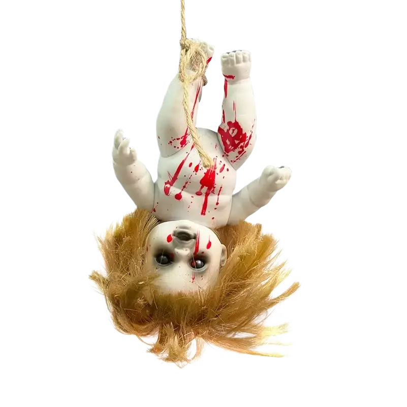 White porcelain halloween hanging ghost doll with blonde hair and red splatter details suspended by rope