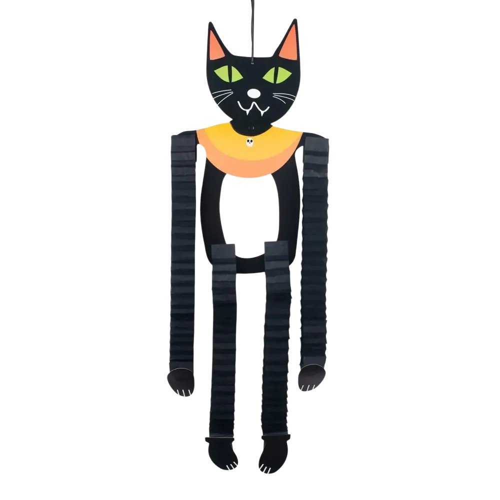 Halloween hanging paper ornaments 4 pack featuring black cat shapes with green eyes and striped paper limbs
