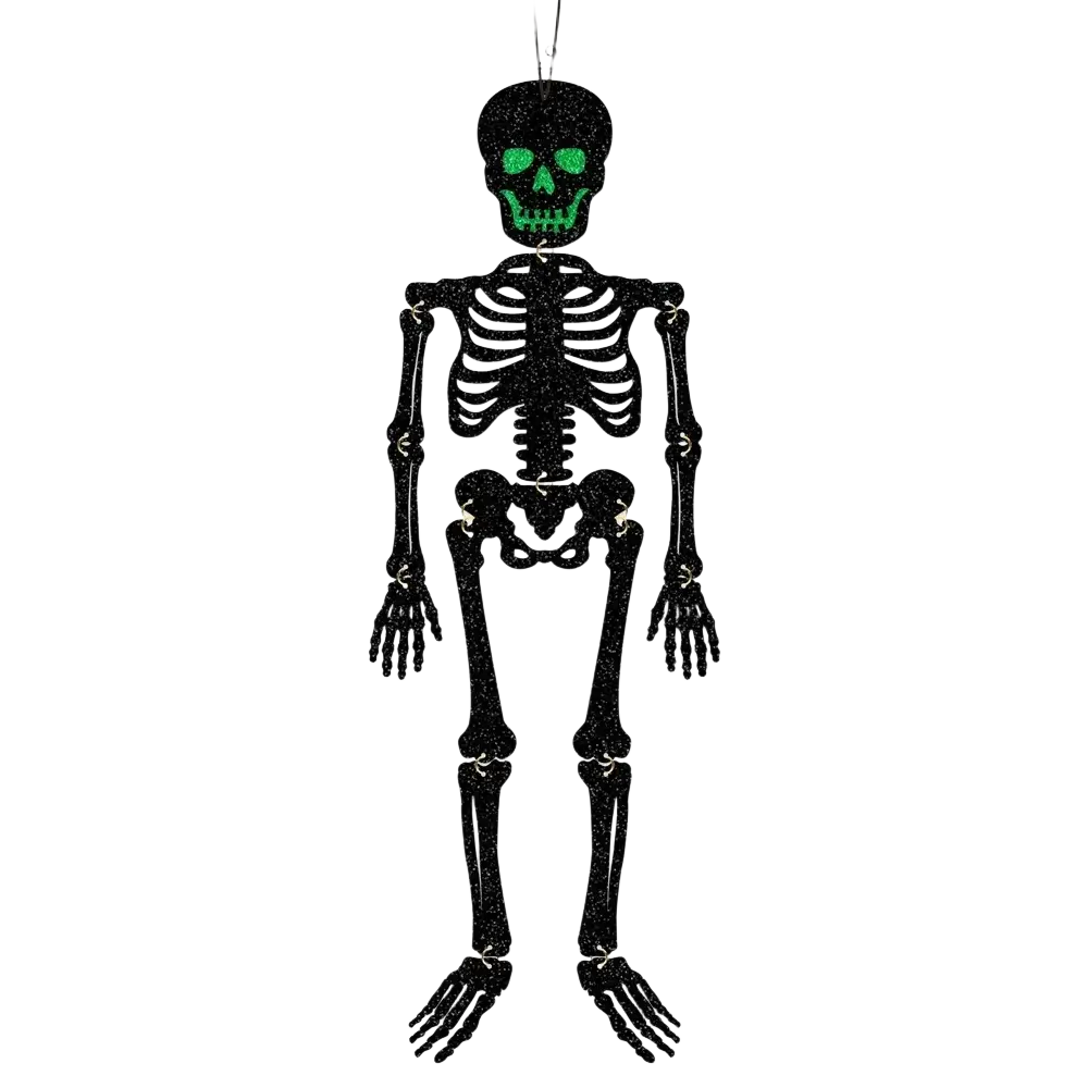 Black glitter skeleton hanging paper ornament with glowing green eyes and teeth halloween decoration 4 pack