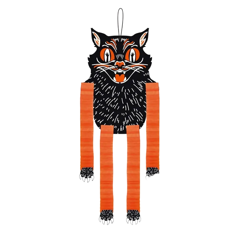 Halloween hanging paper ornament 4 pack featuring a black and orange cat piñata with cartoon face and striped limbs