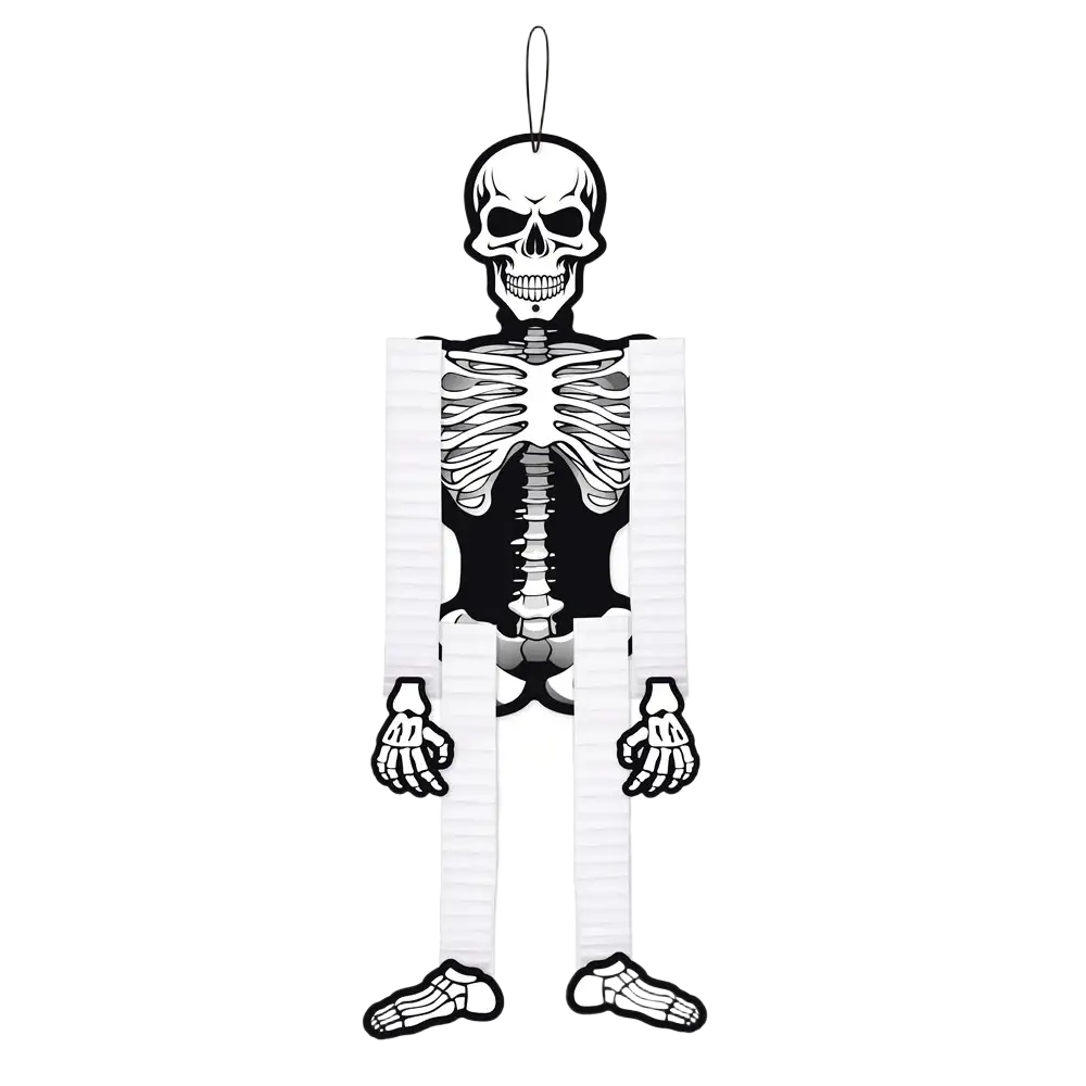 Black and white paper skeleton hanging decoration 55.1cm tall with ribcage detail and footprints halloween ornament