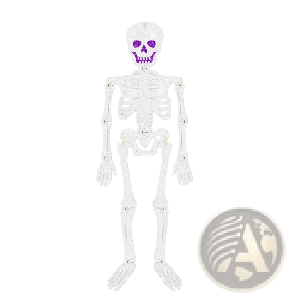 A glittery white plastic skeleton Halloween hanging paper ornament with purple sparkly eyes and mouth for decoration