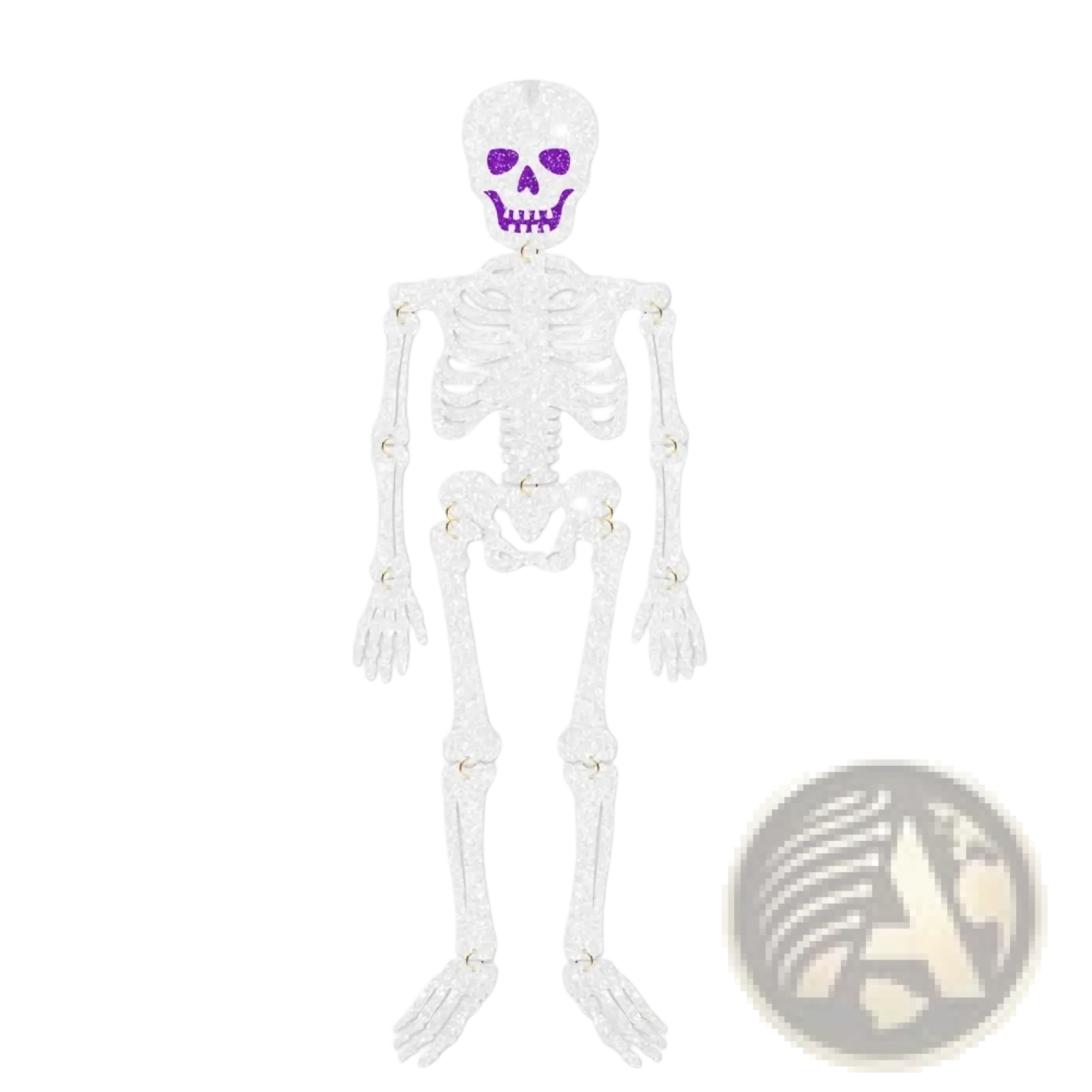 A glittery white plastic skeleton Halloween hanging paper ornament with purple sparkly eyes and mouth for decoration